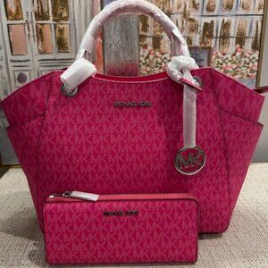 Michael Kors Jet Set Travel Large Shoulder Tote & 3/4 Zip Wallet in Dragonfruit